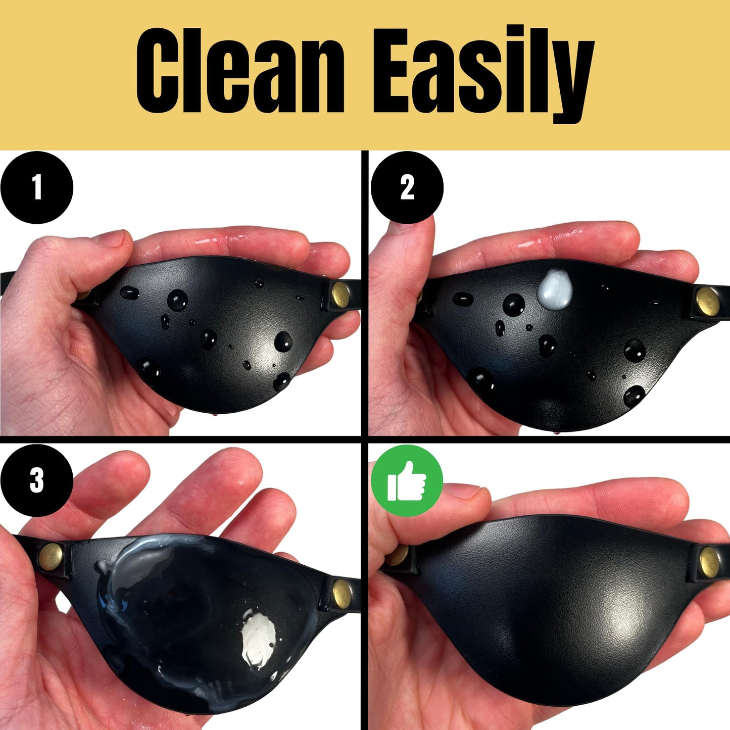 Step-by-step demonstration of cleaning a black object with text 'Clean Easily' at the top.