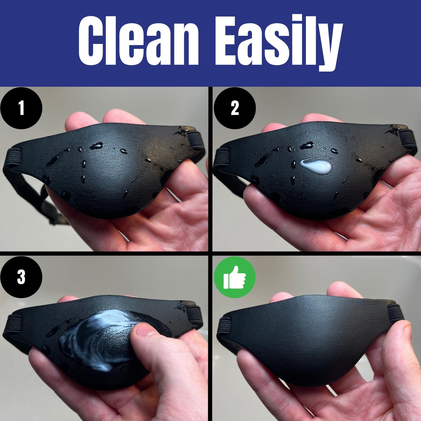 Step-by-step process of cleaning a black eye patch with a focus on ease of cleaning.