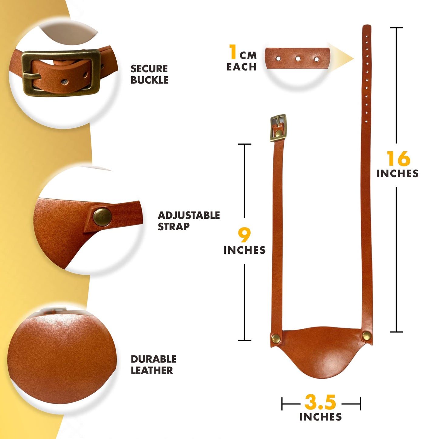 Leather strap with measurements and features on a white background
