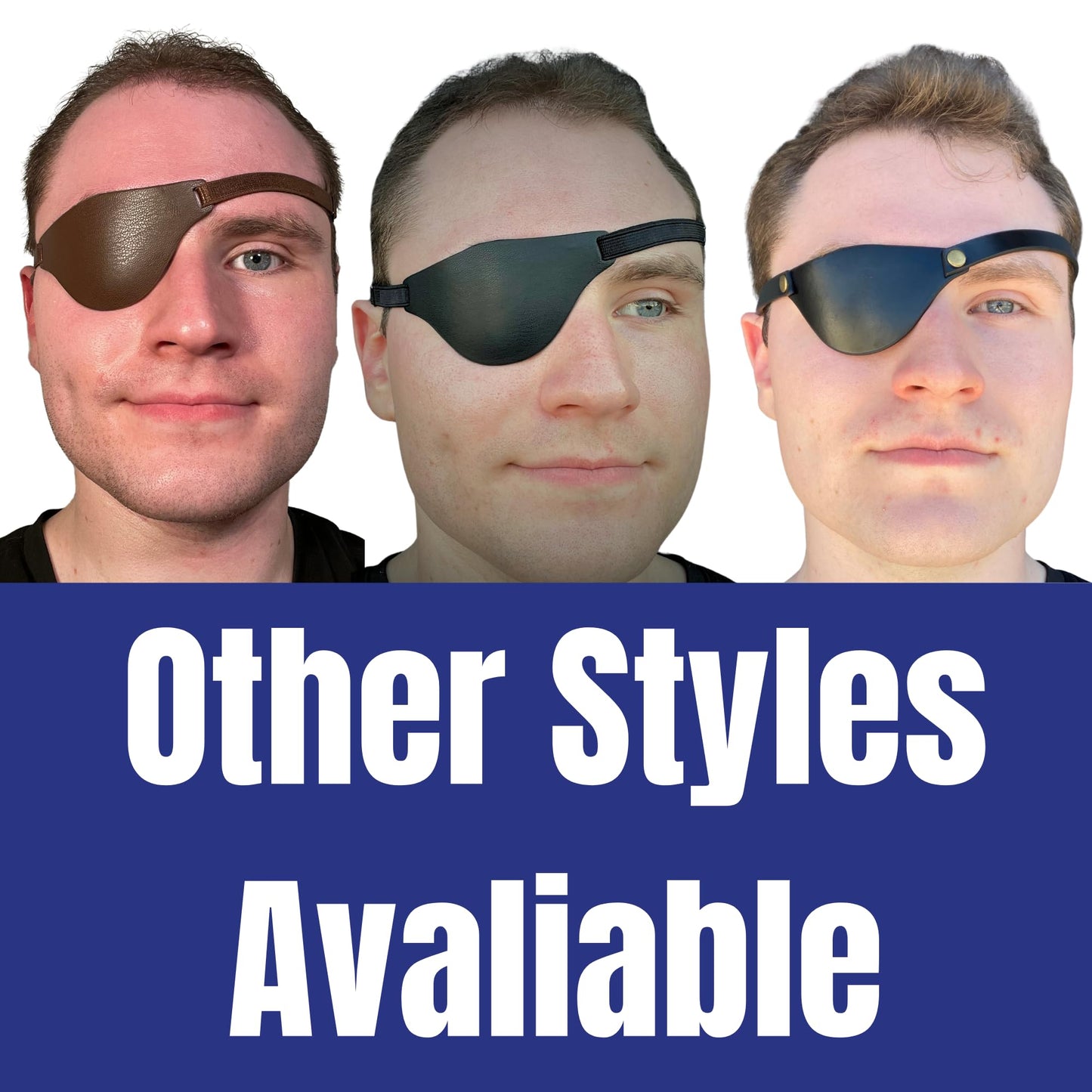 Three men wearing different styles of eye patches with text 'Other Styles Available' on a blue background.