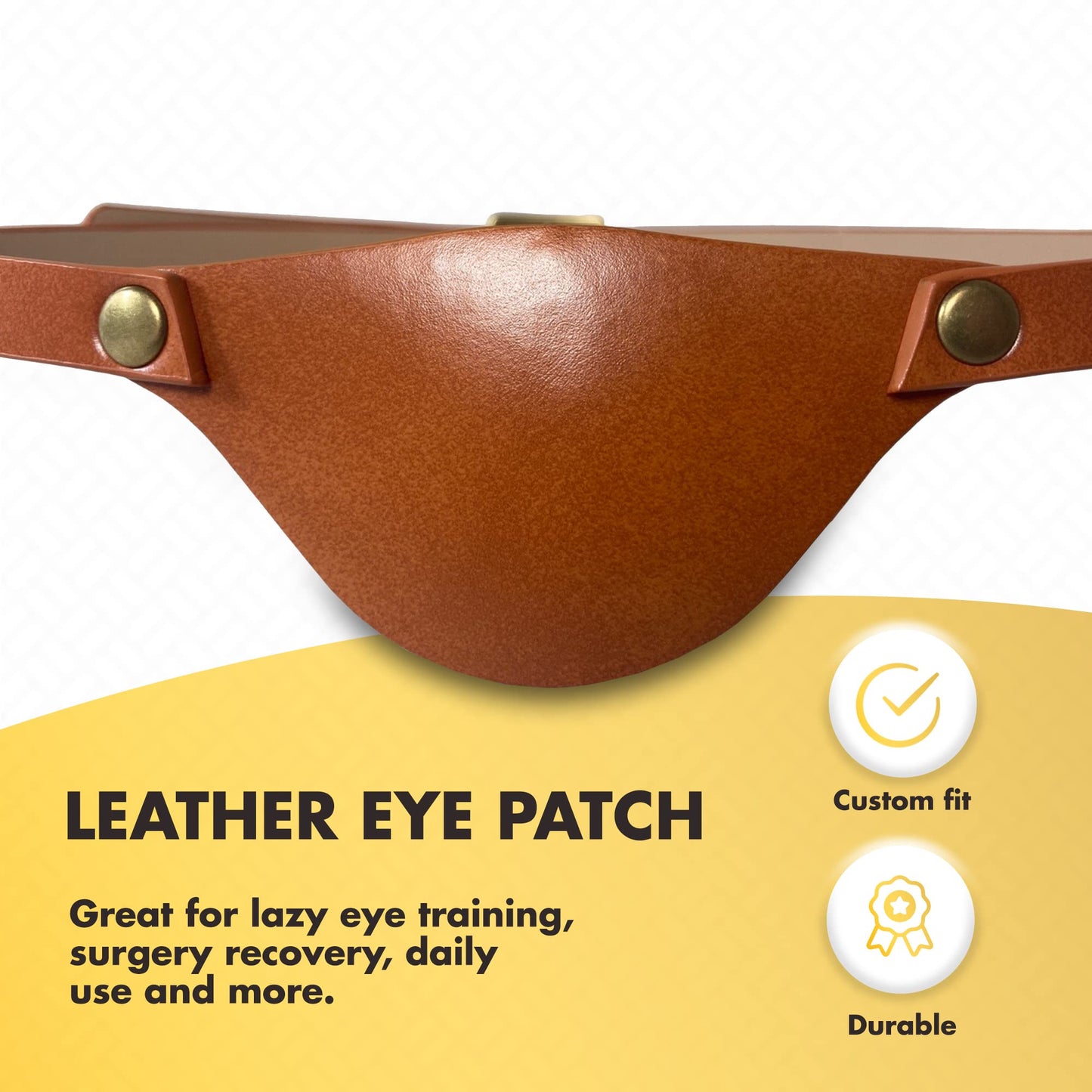 Brown leather eye patch with gold buttons on a white background
