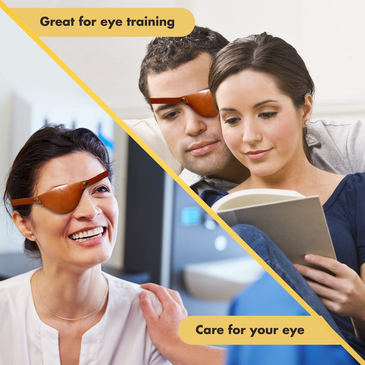 Two people wearing eye training glasses with text about eye care.