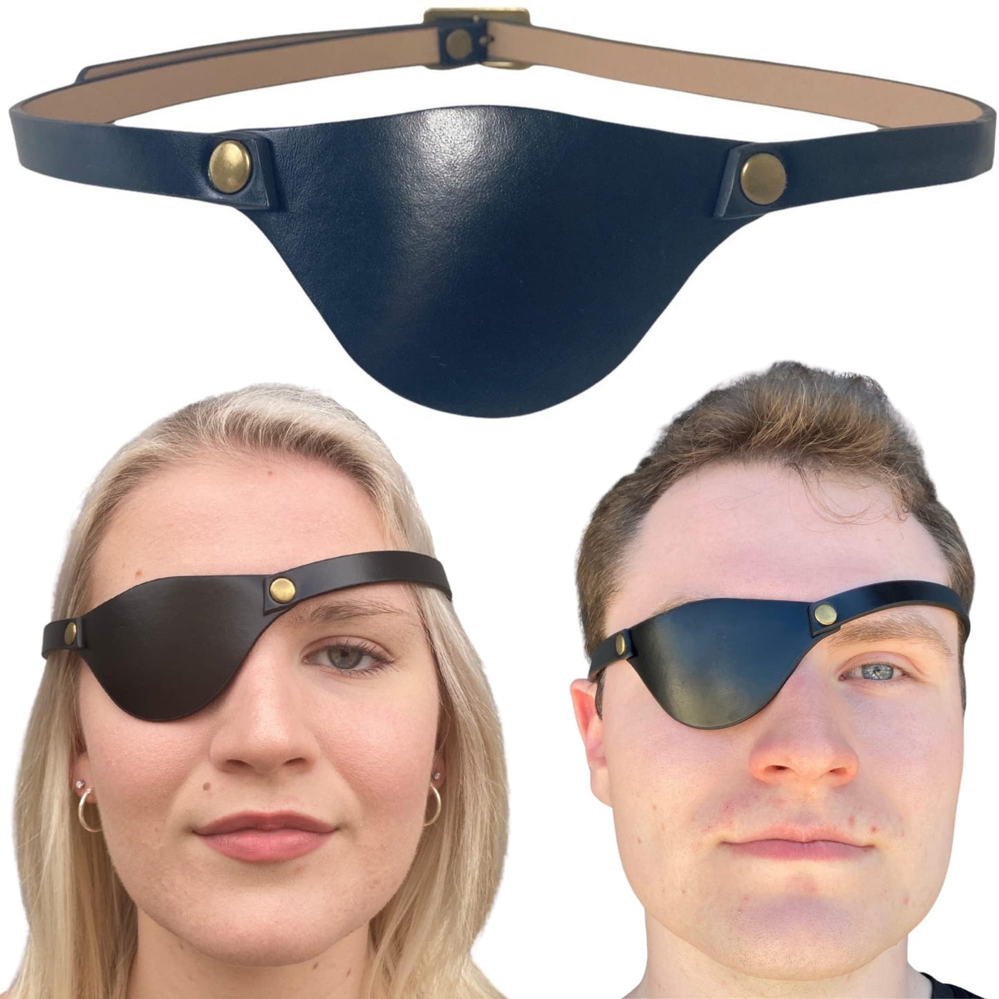 Black eye patch on a white background with two people wearing it.