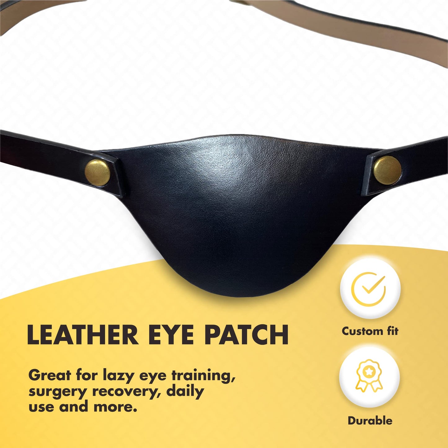 Black leather eye patch with gold straps on a white and yellow background, featuring text about its uses and qualities.