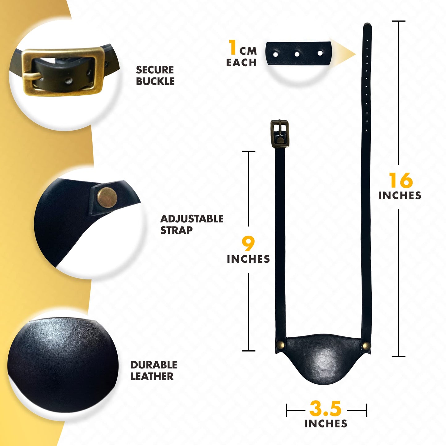 Black belt with measurements and features on a white background