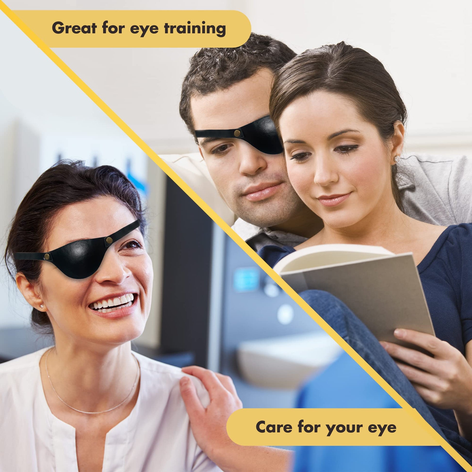 Two people wearing eye masks with text about eye training and care.