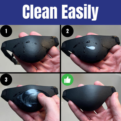 Step-by-step process of cleaning a black eye patch with a focus on ease of cleaning.