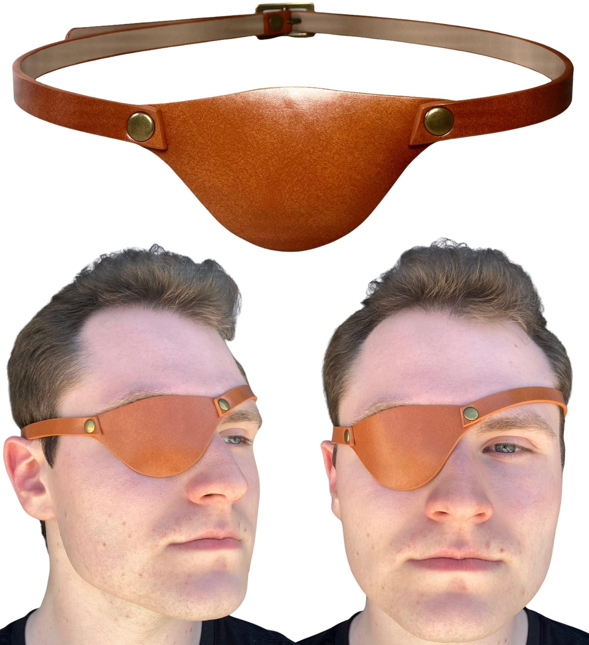 Brown leather eyepatch worn by a person on a white background
