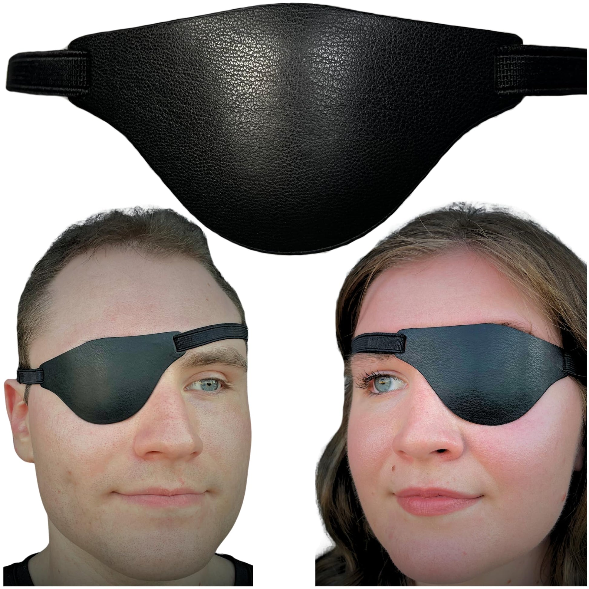 Black eye patch on a white background with two people wearing it.