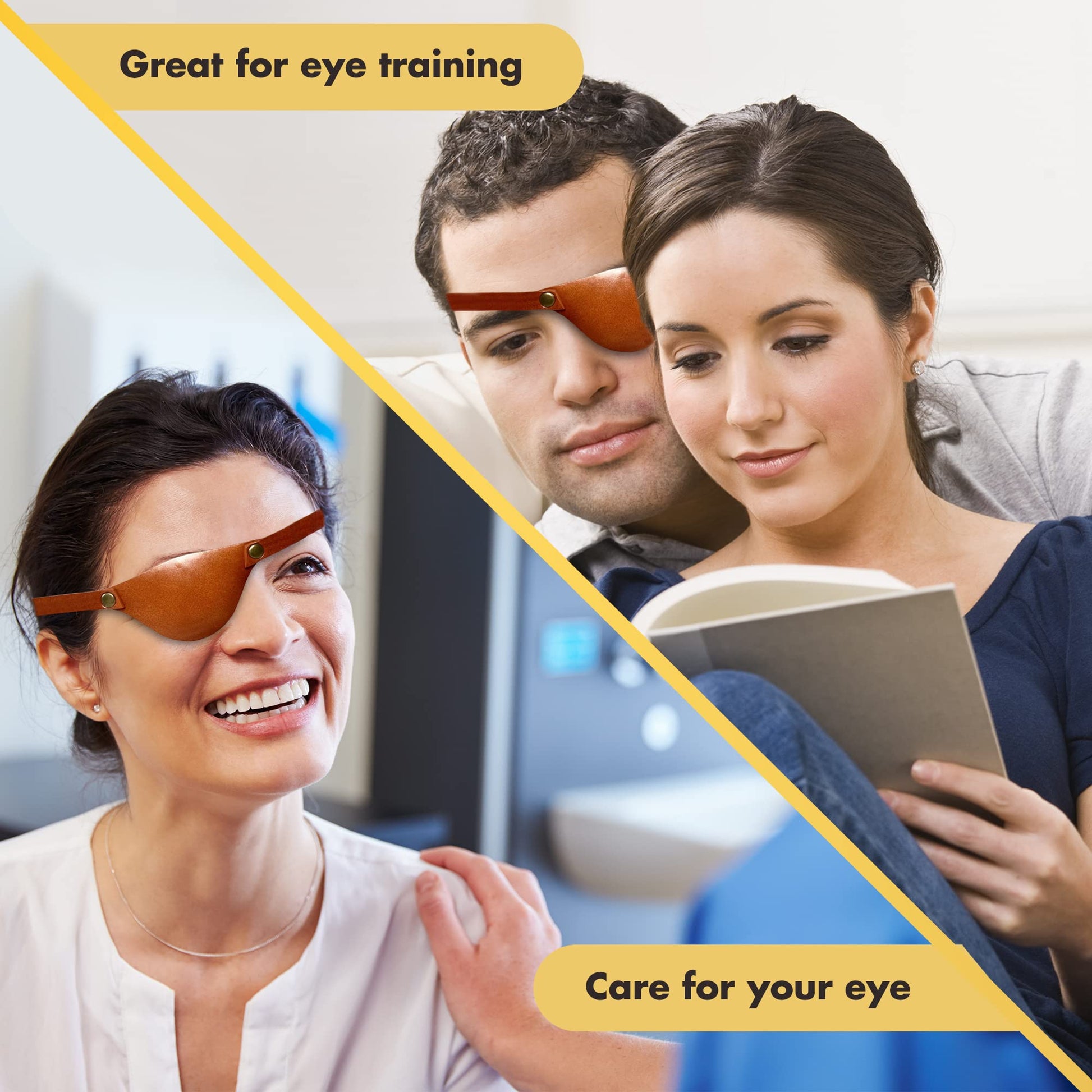 Two people wearing eye training glasses with text about eye care.