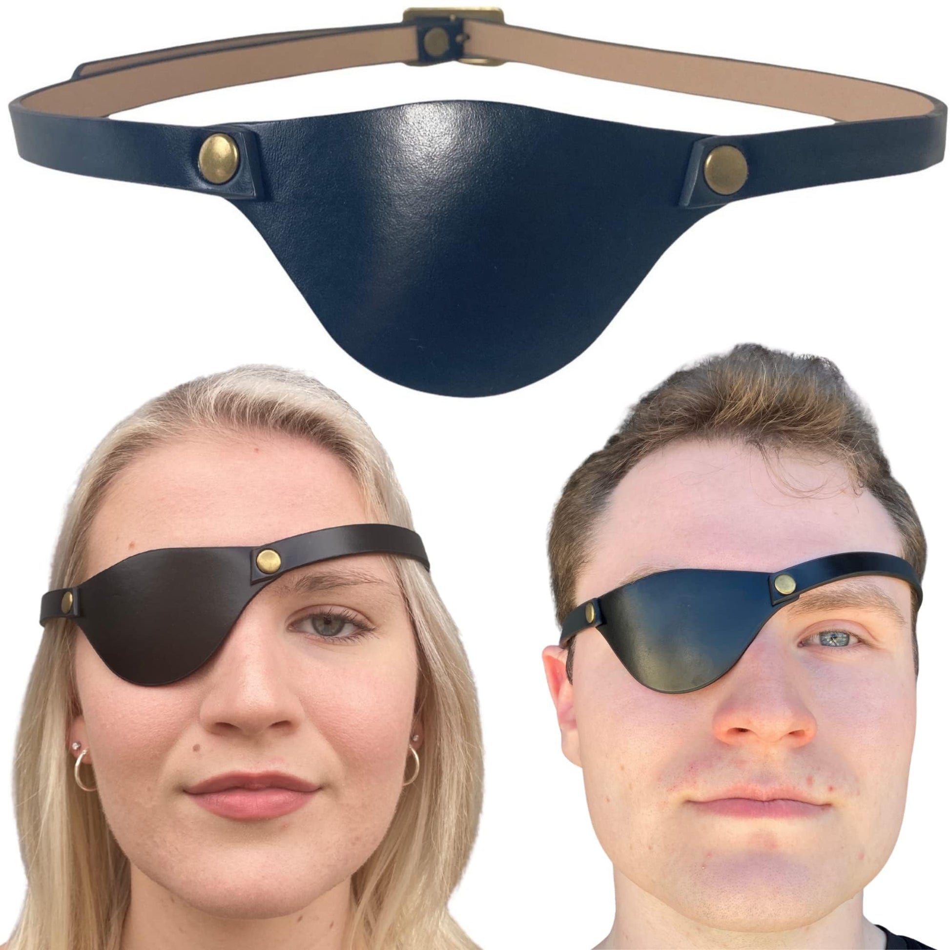 Black eye patch on a white background with two people wearing it.