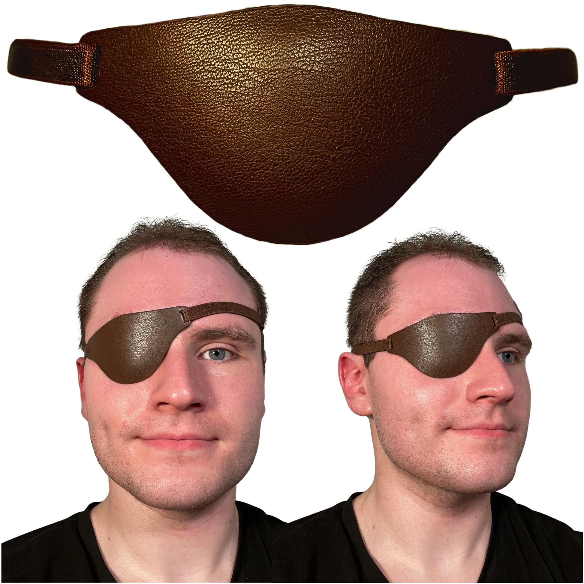Brown leather eye patch on a white background with two mannequin heads wearing it.