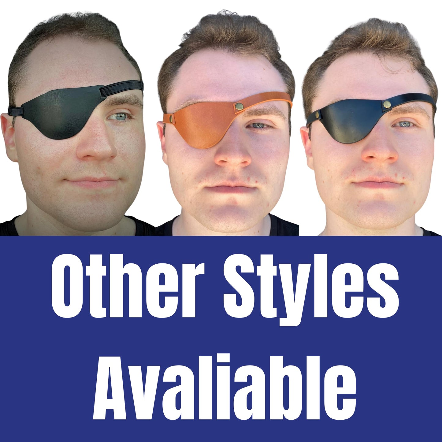 Three men wearing different styles of eye patches with text 'Other Styles Available' on a blue background.