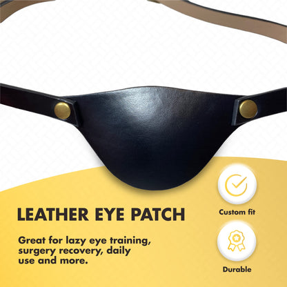 Black leather eye patch with gold straps on a white and yellow background, featuring text about its uses and qualities.