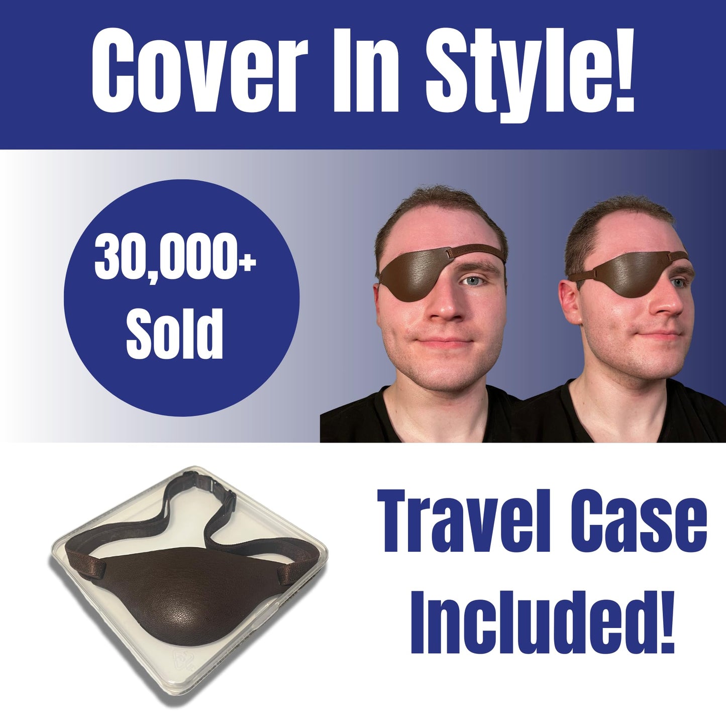 Advertisement for a product with two people wearing eye patches and text about sales and travel case inclusion.