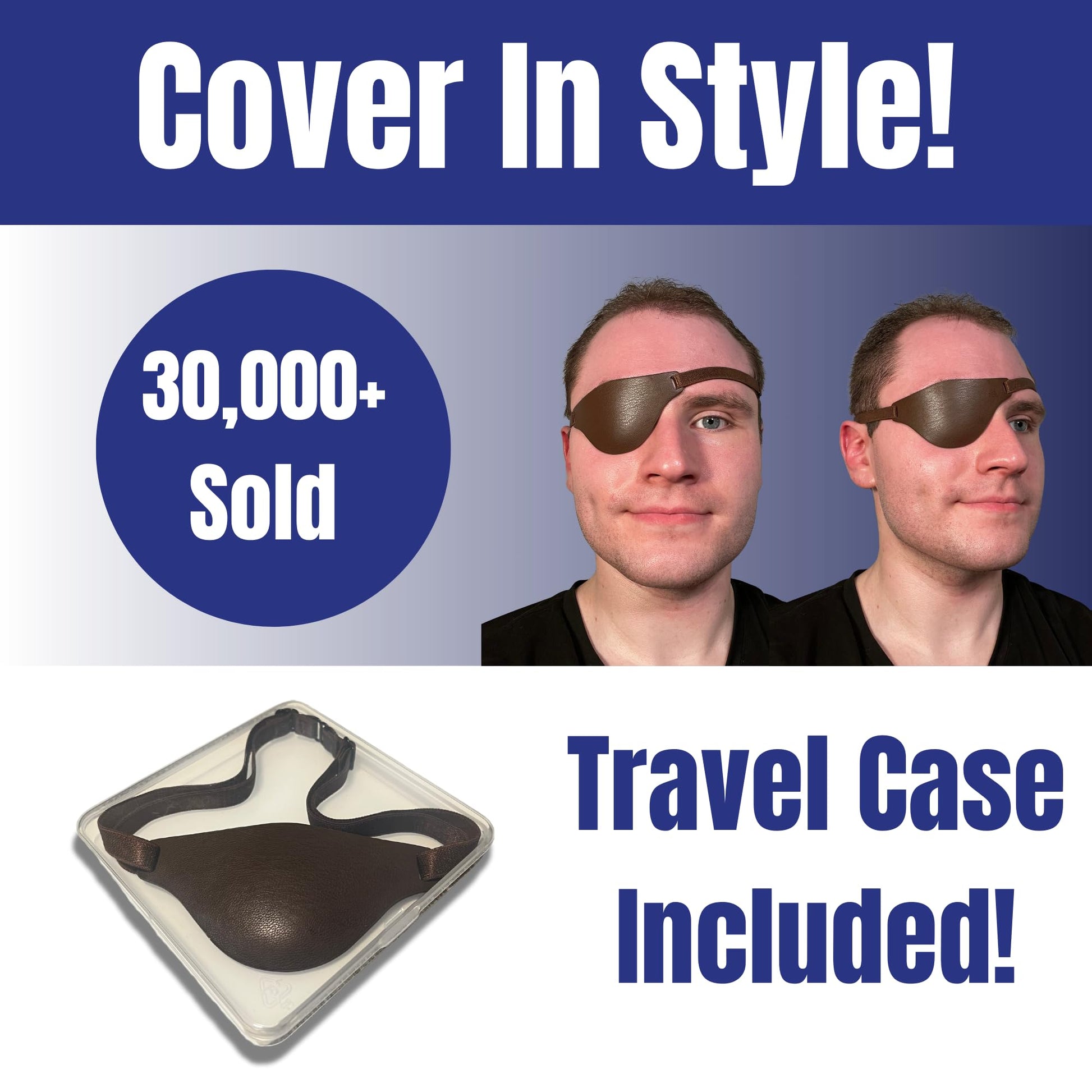 Advertisement for a product with two people wearing eye patches and text about sales and travel case inclusion.