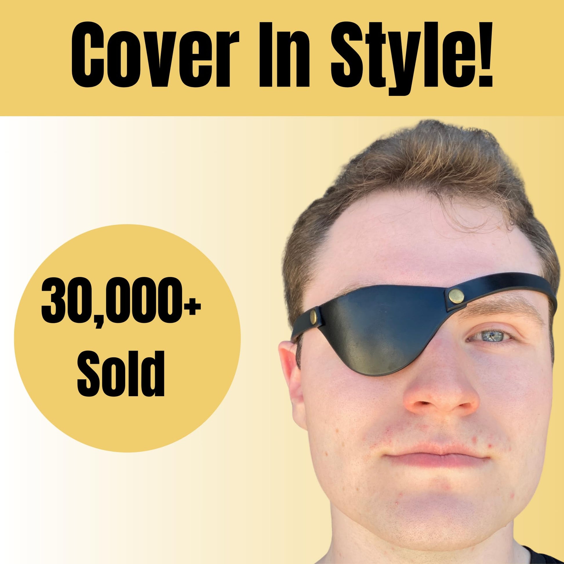 Person wearing a black eye patch with promotional text on a yellow background